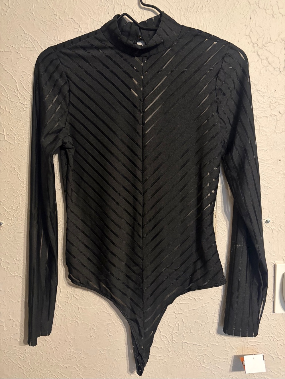 Iris Basic Black Sheer Striped Mock Neck Bodysuit Size M